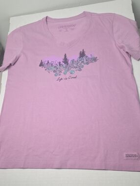 Life Is Good V-Neck Tee with Floral Tree Graphic